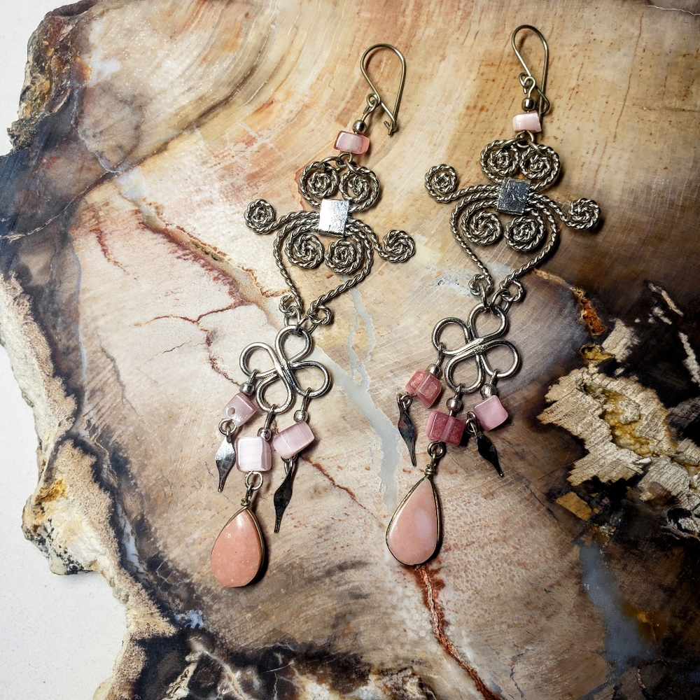 HANDMADE pink stone metal earrings jewelryApproximately 3" long